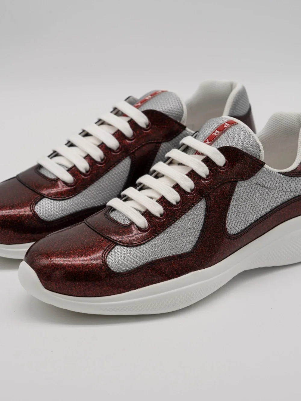 Prada America's Cup Men's Sneakers Burgundy Patent Leather Fabric Glitter 9 US